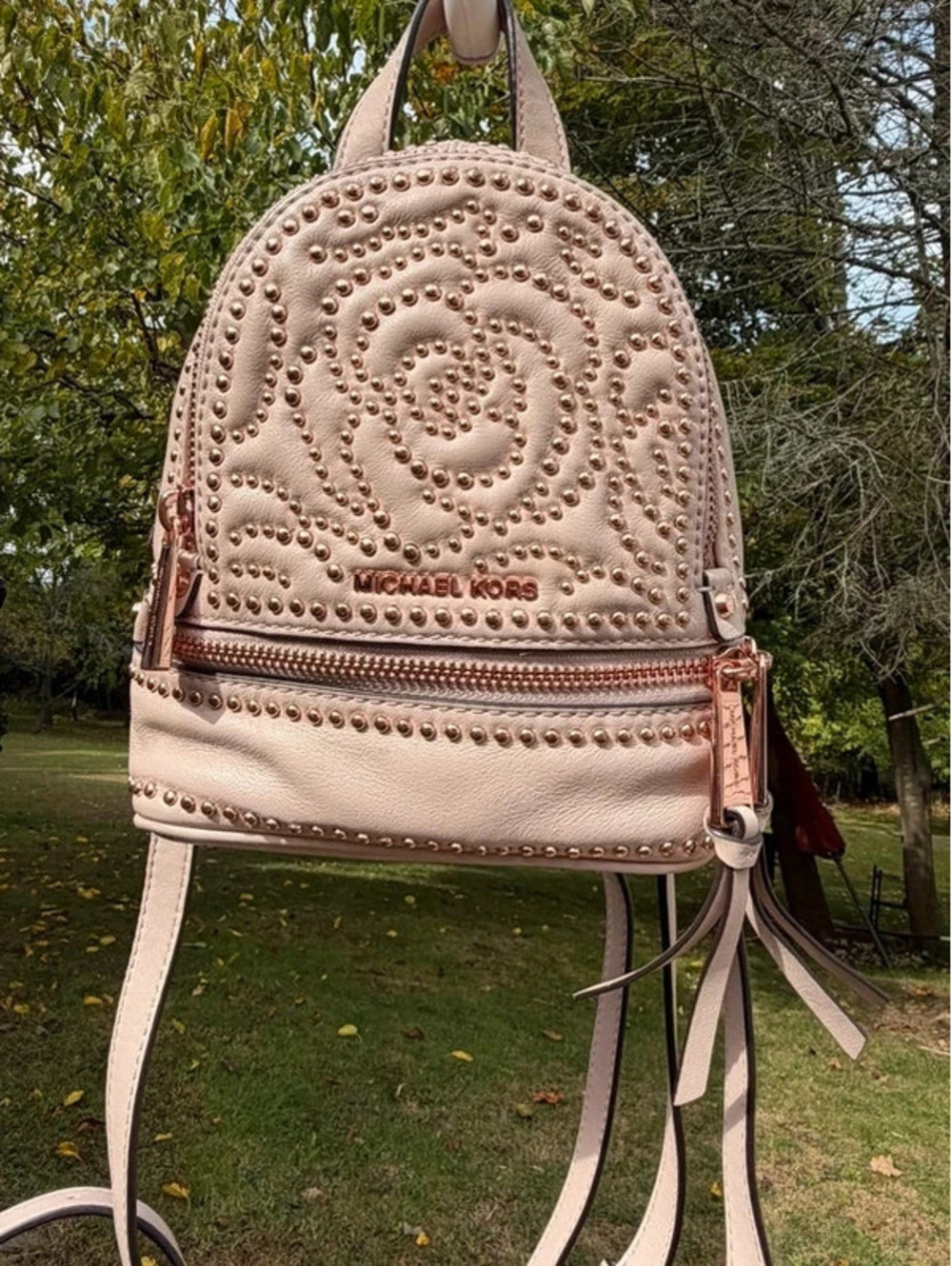 Michael Kors Rhea Rose Studded Leather Backpack Blush Pink Rose Gold
